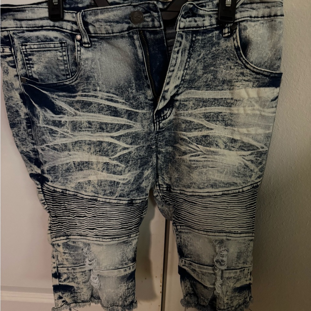 Reason Blue and White Distressed Jean Shorts